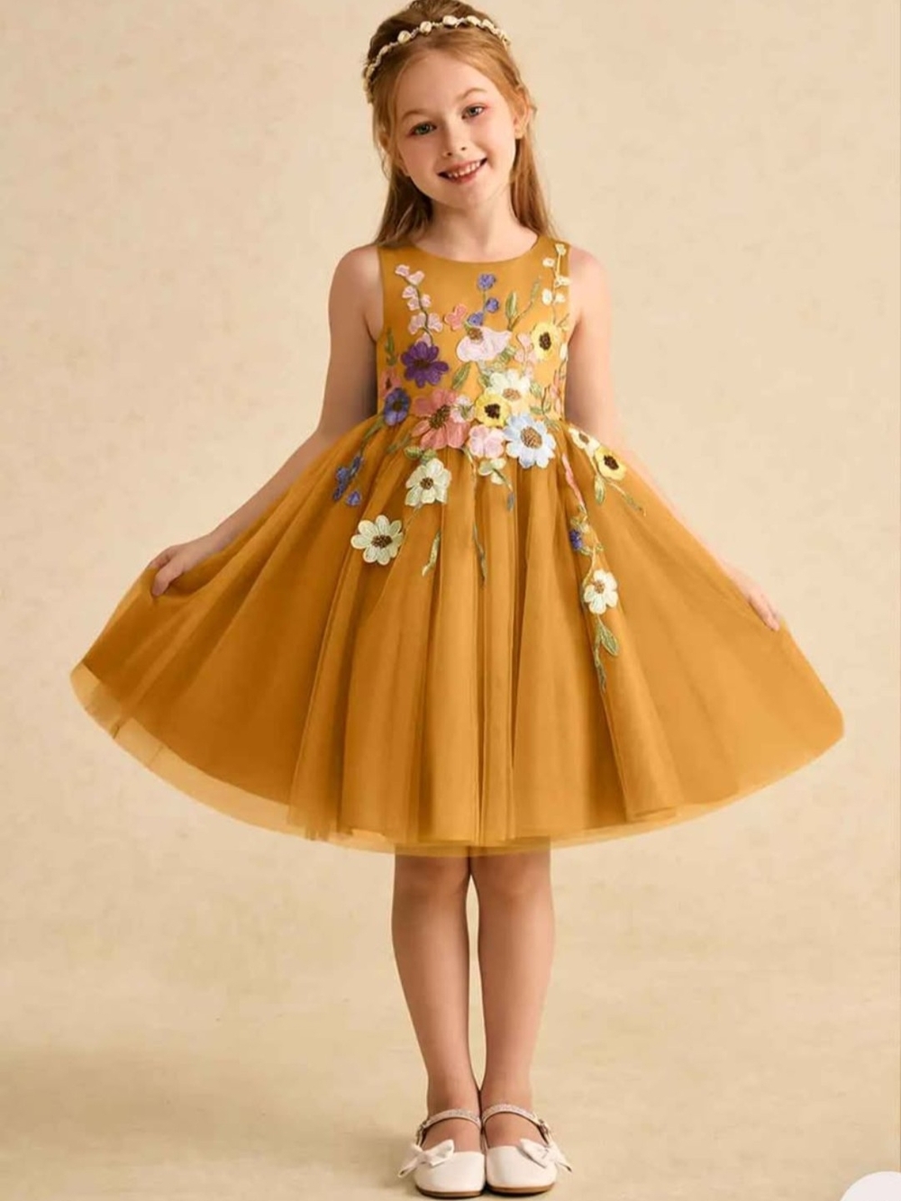 Girls' Mustard Floral Embroidered Tulle Party Dress